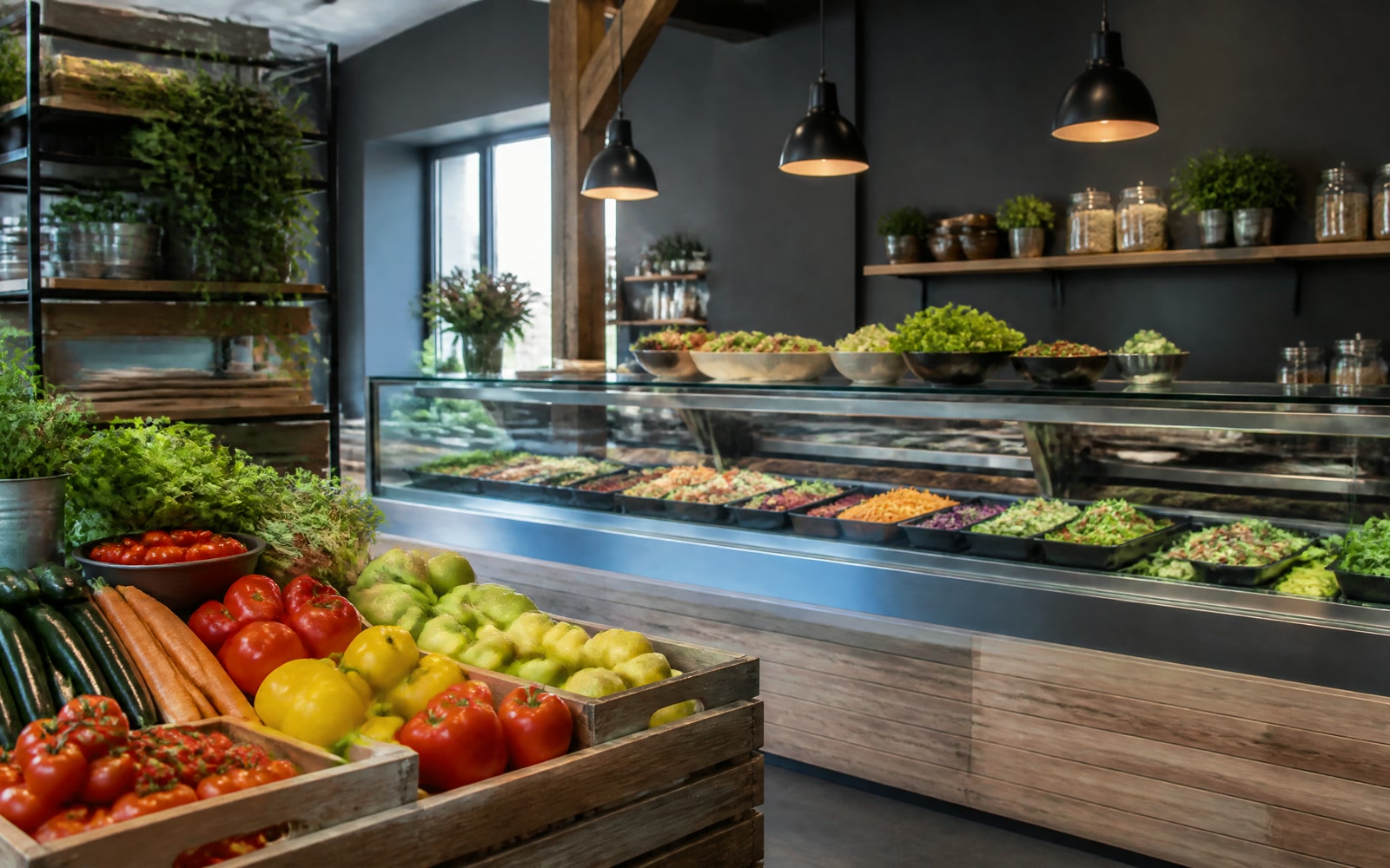 De winkel met verse groenten en de saladevitrine