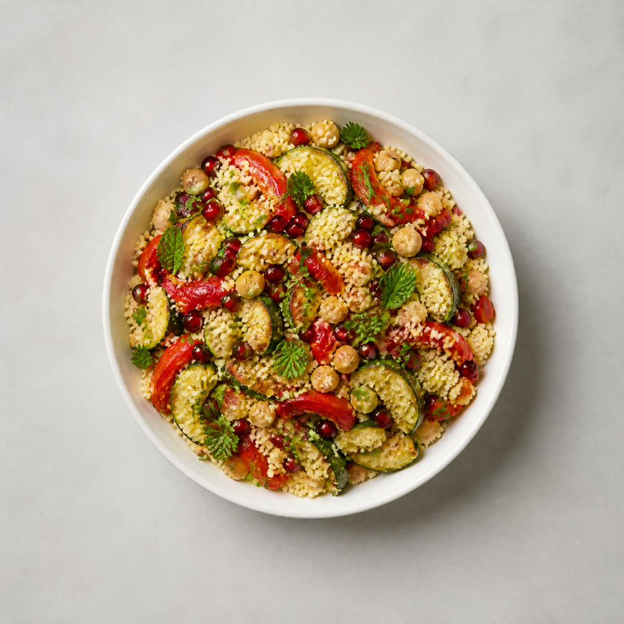 Couscoussalade met geroosterde paprika en granaatappel
