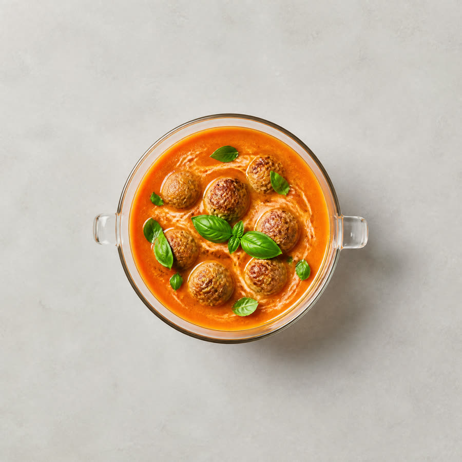 Tomatensoep met balletjes en basilicum